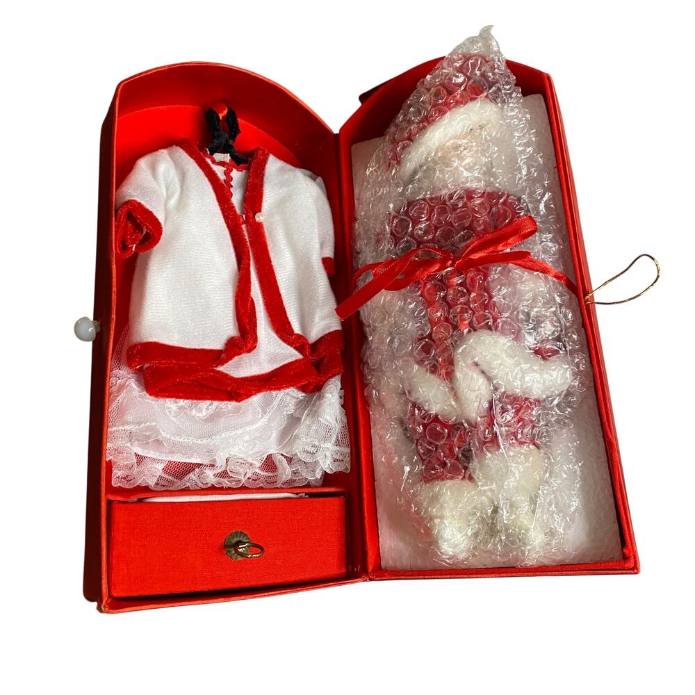 Vintage Porcelain 9" Mrs Claus Christmas Doll w/ 3 Outfits & Satin Wardrobe Case